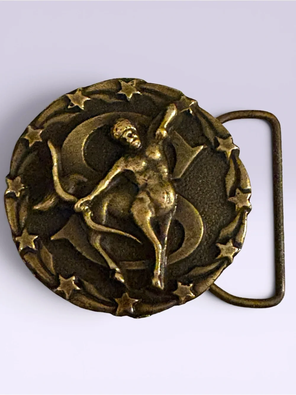 Vintage Bouwerie Lane Art Deco Sagittarius Zodiac Sign Brass Round Belt Buckle